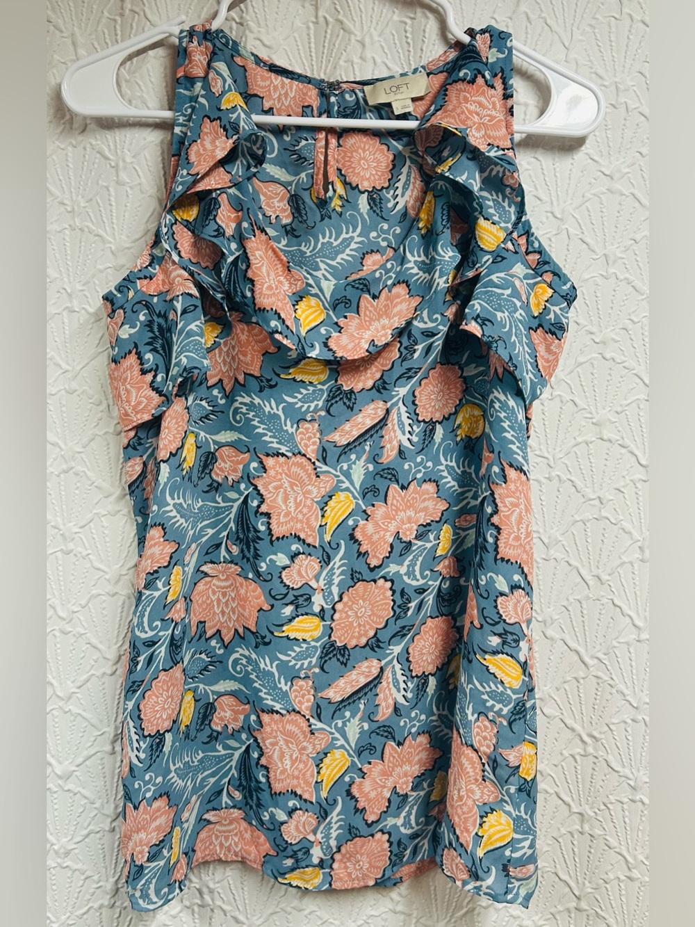 LOFT  Blue Floral Ruffle Shell with Pink Blooms